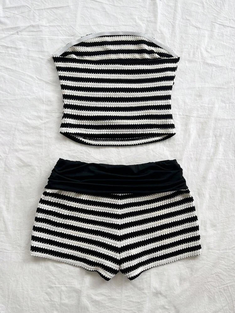 Black and white Striped Strapless Shorts Set,