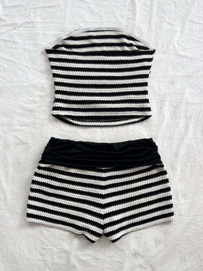Black and white Striped Strapless Shorts Set,