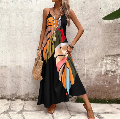 Women's Summer Leaf Print Halter Maxi Dress