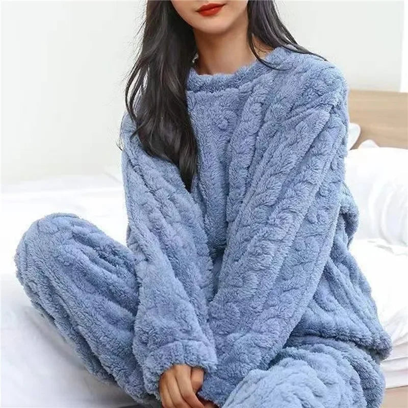 Soft Coral Velvet Jacquard Warm Pajama Set for Women