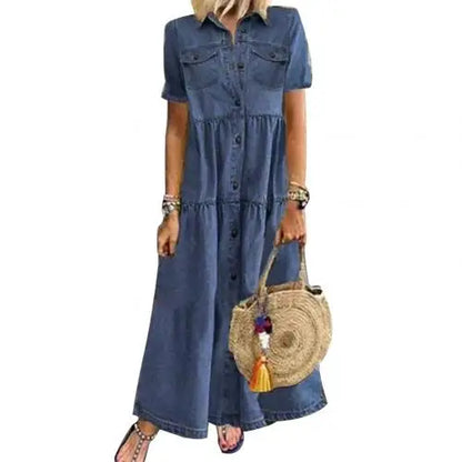 Women's Loose Denim Maxi Shirt Dress with Pockets & Lapel Collar