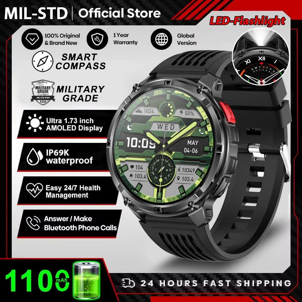 Rugged Outdoor AMOLED GPS Smartwatch with Flashlight