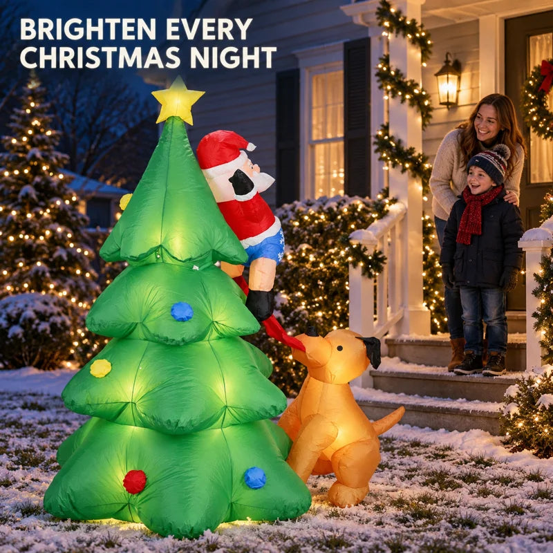 6FT Christmas Inflatable Dog Chasing Santa Climbing Tree