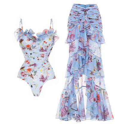 Solid Red Flower One-piece Swimsuit