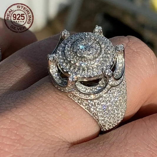 Solid 925 Sterling Silver Iced King Crown Ring