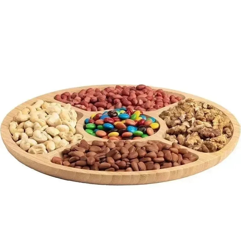 Round Bamboo Divided Serving Tray with 5 Compartments
