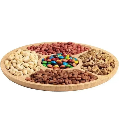 Round Bamboo Divided Serving Tray with 5 Compartments
