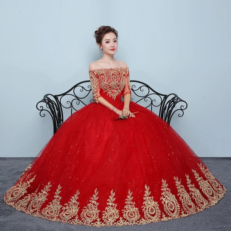 Women's Red Floral Embroidered Off-Shoulder Ball Gown Wedding Dress