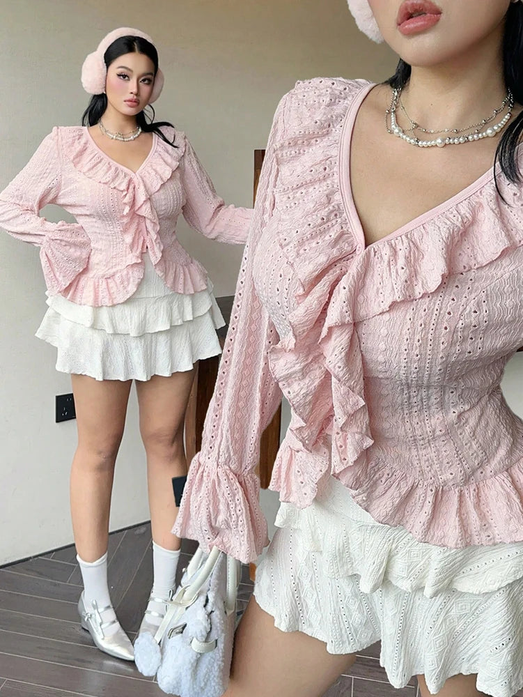 Plus Size Women's Elegant French Ruffle V-Neck Blouse, Pink Flared Sleeve Tops