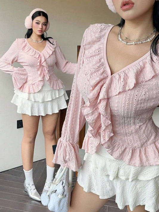 Plus Size Women's Elegant French Ruffle V-Neck Blouse, Pink Flared Sleeve Tops