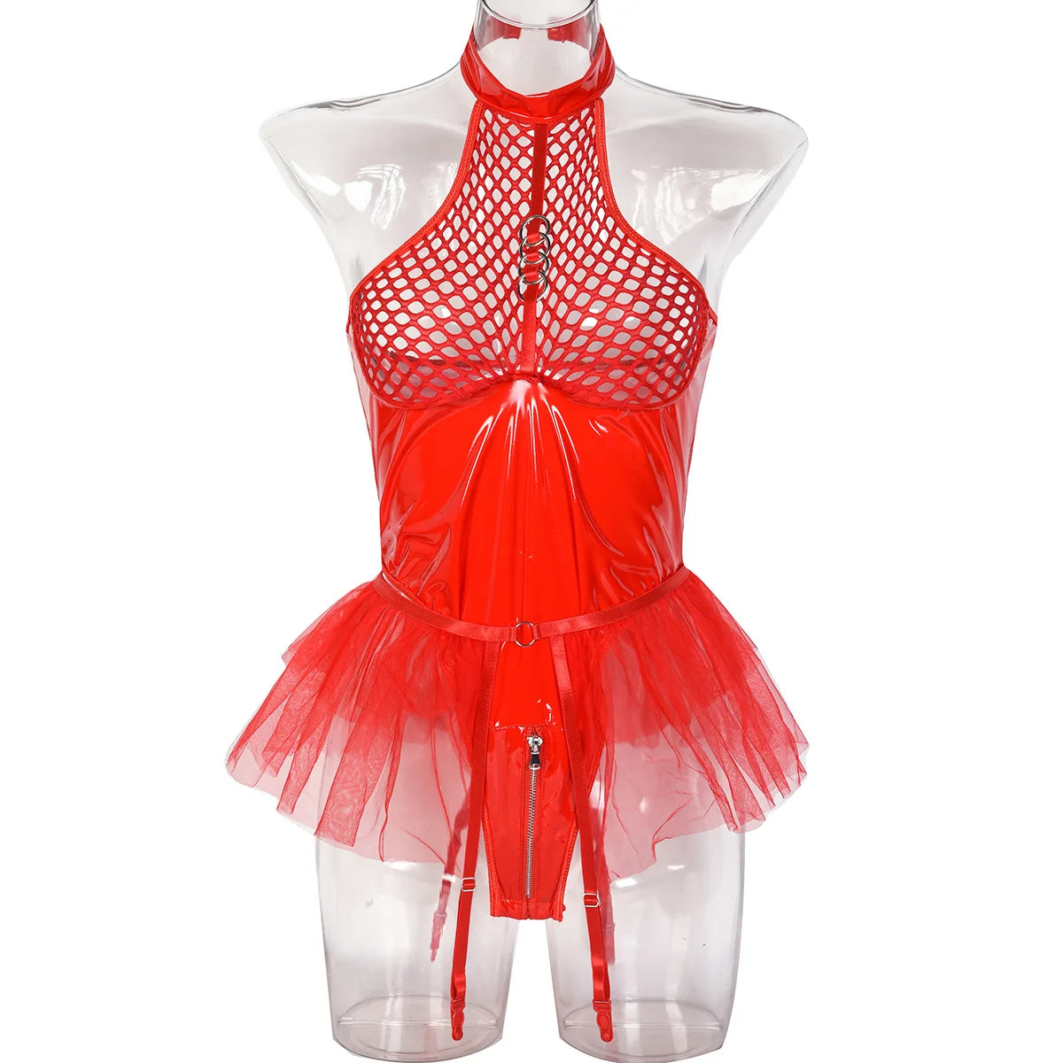 Patent Leather and Mesh Splicing Jumpsuit with Detachable Garter Belts