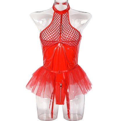 Patent Leather and Mesh Splicing Jumpsuit with Detachable Garter Belts