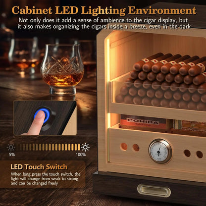 Lighted Control Magnetic Door with Cigar Accessory Drawer and 2 Humidifiers