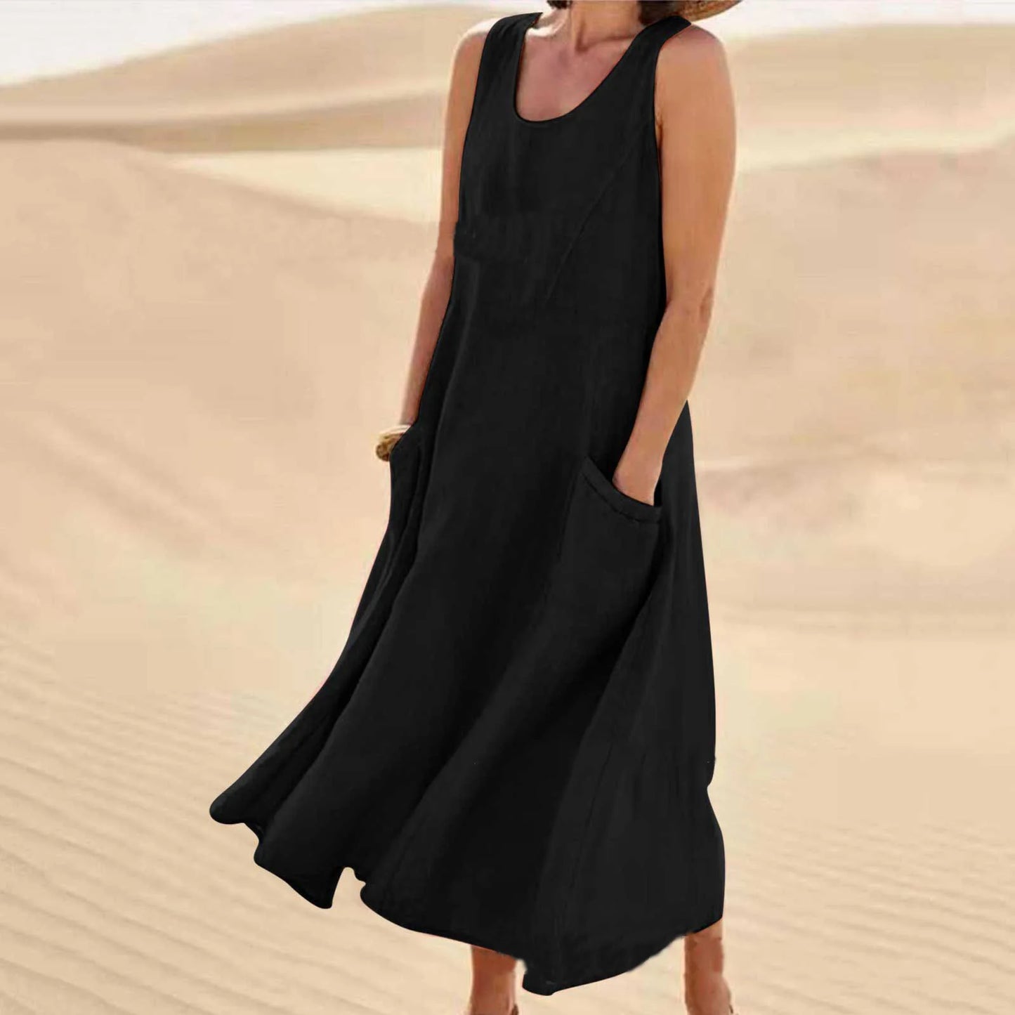 Cotton Linen Sleeveless Double Big Pocket Loose Dress