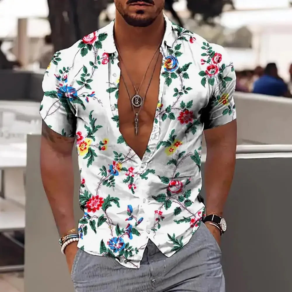 3D Plant Print Quick-Dry Short Sleeve Shirt