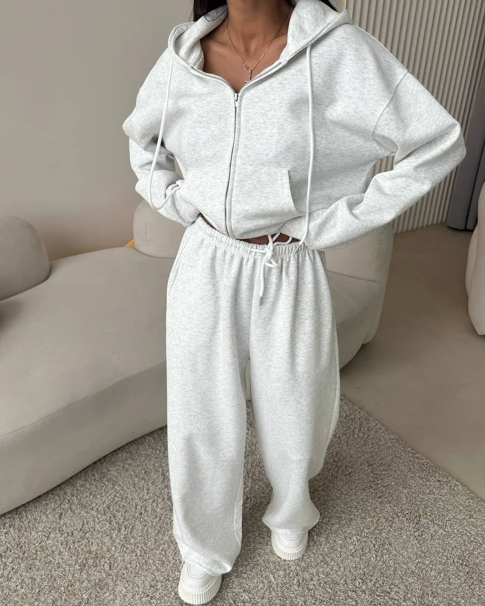 Women's Hooded Zipper Sweatshirt & Wide-Leg Pants Set