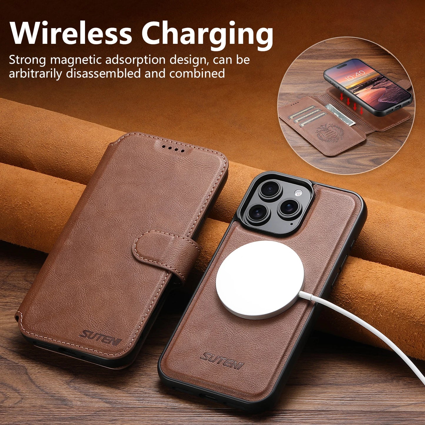 Faux Leather Wireless Charging Card Holder For iPhone