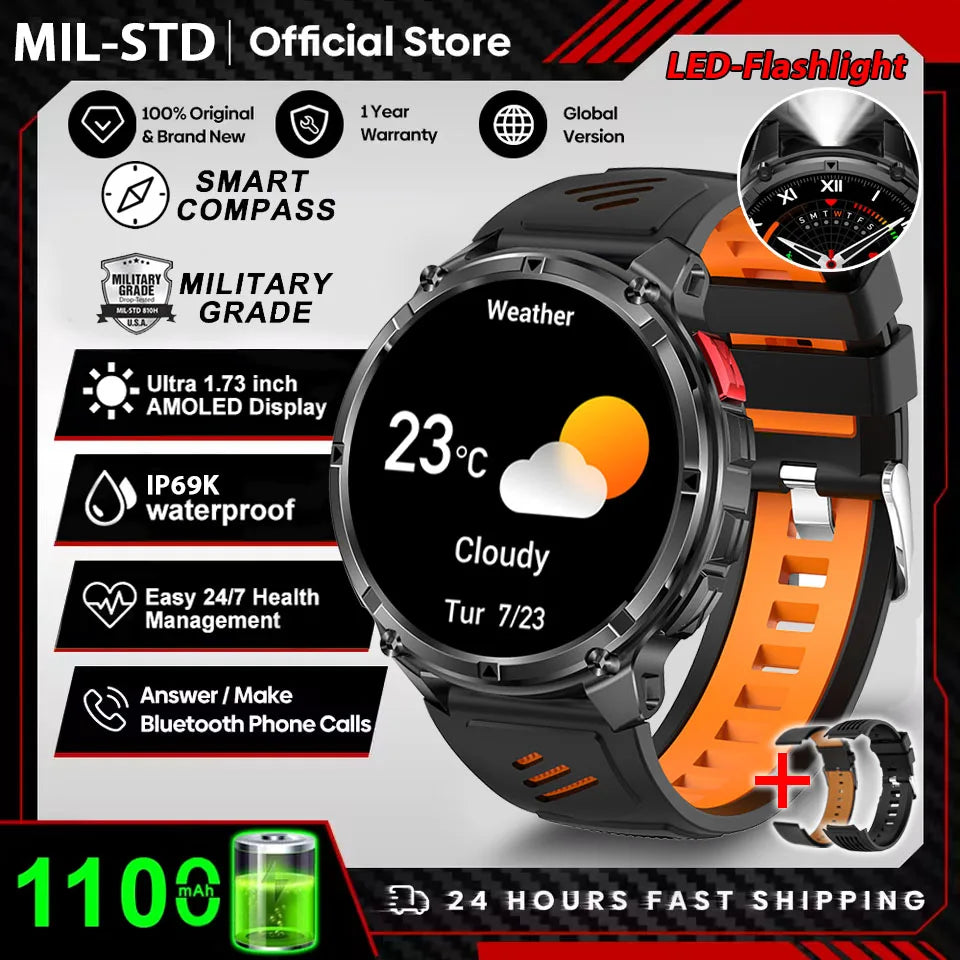 Rugged Outdoor AMOLED GPS Smartwatch with Flashlight