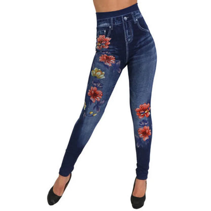 Women's High-Waisted Printed Faux Denim Jeggings – Tummy Control & All-Day Stretch