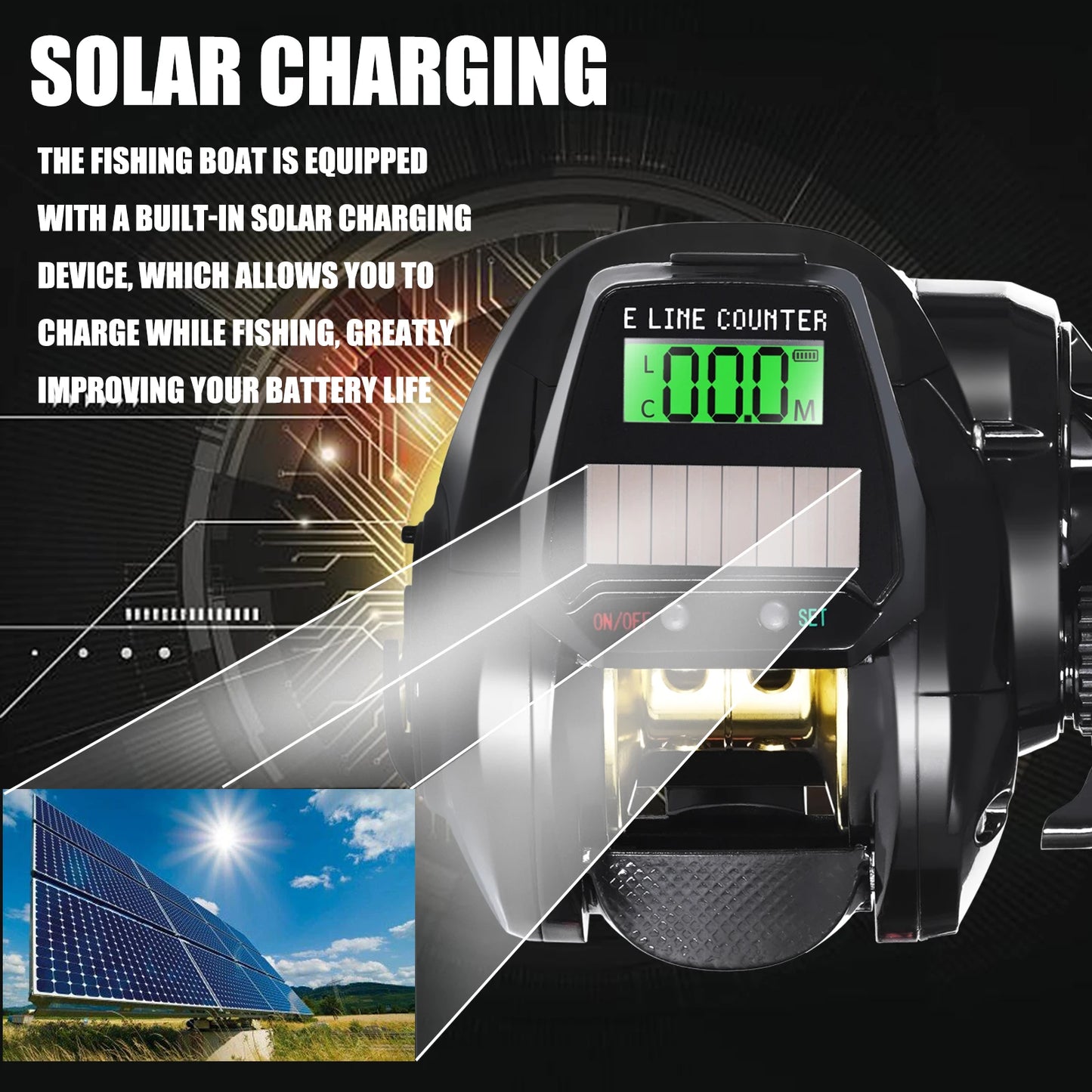 Electronic Baitcasting Fishing Reel with Led Screen and Solar Charging