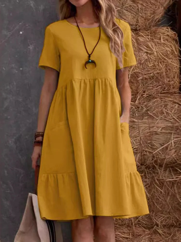 Women's Round Neck 100% Linen Loose Fit Summer Midi Dress with Pockets