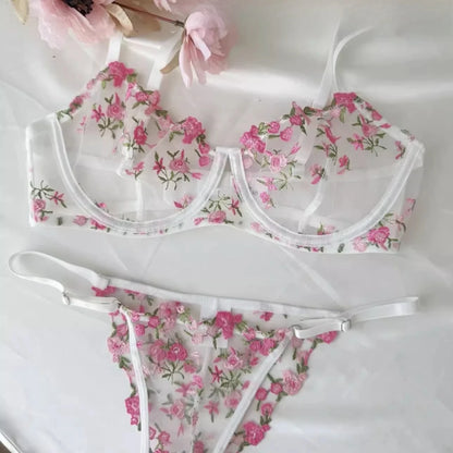YUQI Women's French Floral Embroidered Lingerie Set