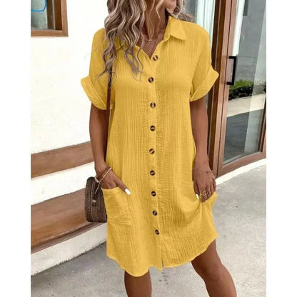 V-Neck Single-Breasted Mini Dress - Casual Loose Fit Short Sleeve Summer Dress