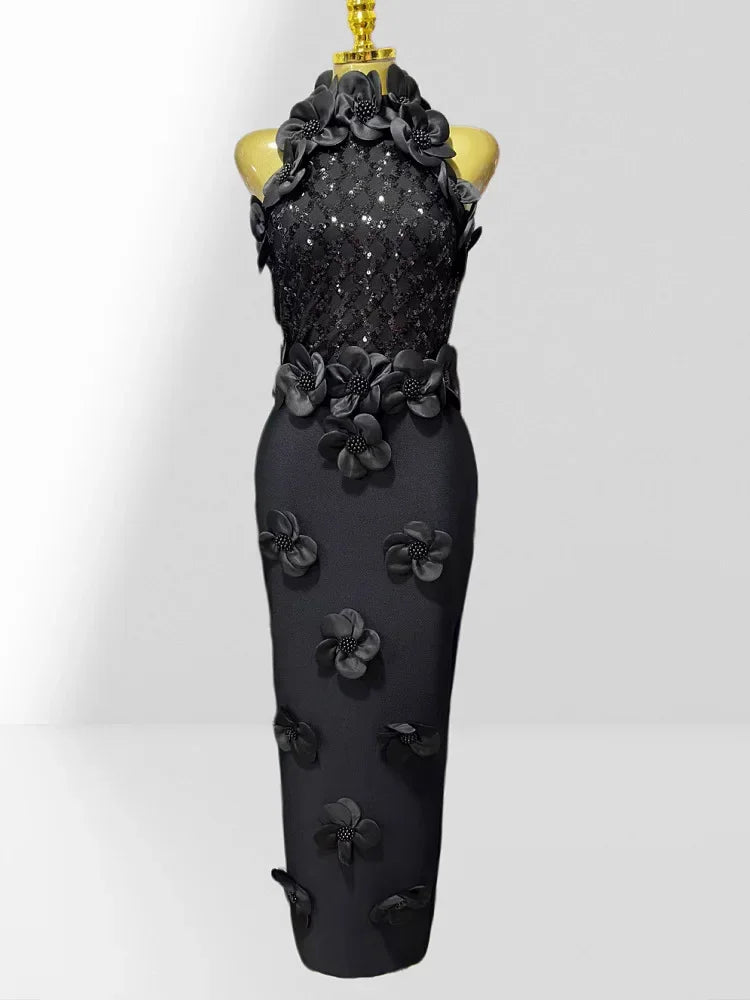 Glamorous Sequined 3D Flower Halter Bodycon Evening Gown