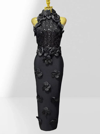 Glamorous Sequined 3D Flower Halter Bodycon Evening Gown