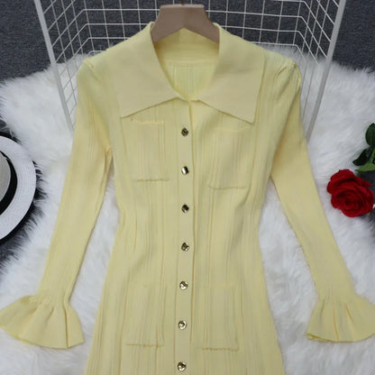 Women's Vintage Knitted Ruffle Single-Breasted Long Dress
