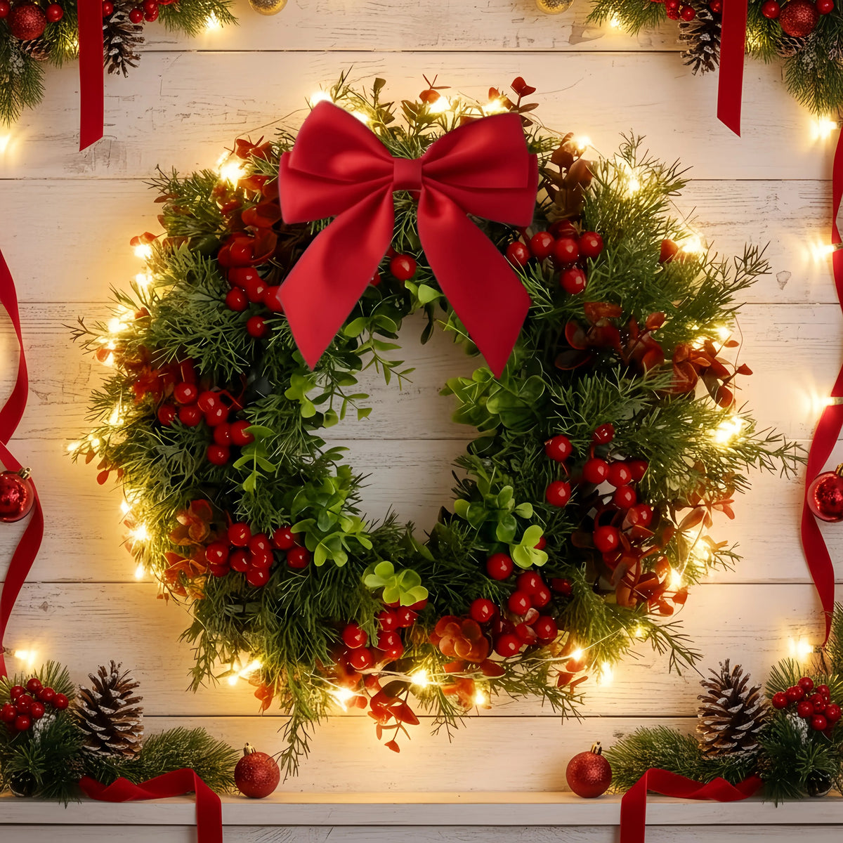 Artificial Red Berry Christmas Wreath with Bow