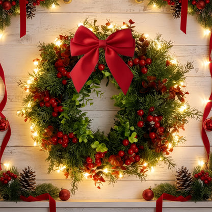 Artificial Red Berry Christmas Wreath with Bow