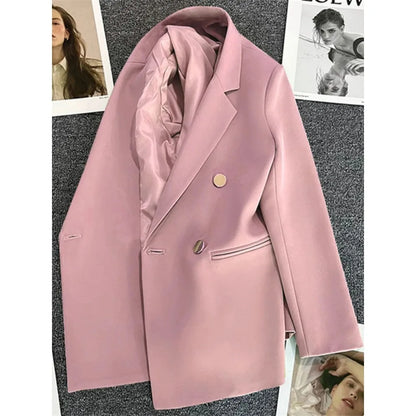 Women's Elegant Double-Breasted Blazer Jacket - Spring Autumn Slim Fit Korean Style Outerwear