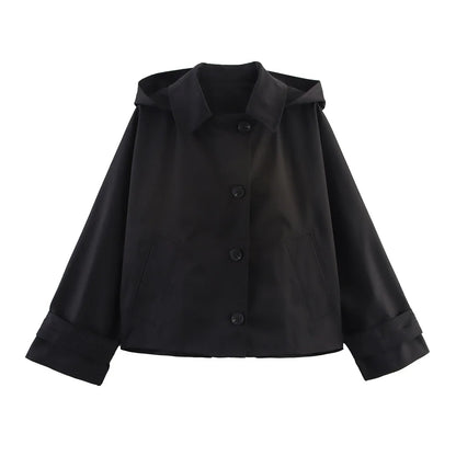 Women's European & American Style Hooded Lapel Jacket – Single-Breasted Trench Coat