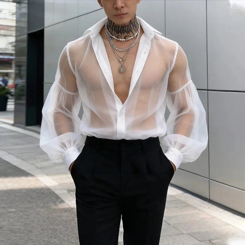 Men's Mesh Patchwork Long Sleeve Shirt - See-Through Sheer Party Streetwear Top