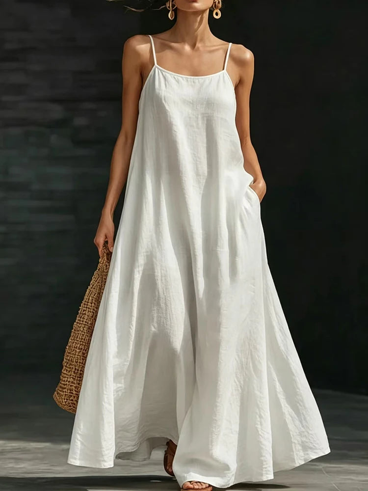 Women’s Casual V-Neck Spaghetti Strap Maxi Dress – Loose Swing Summer Beach Sundress