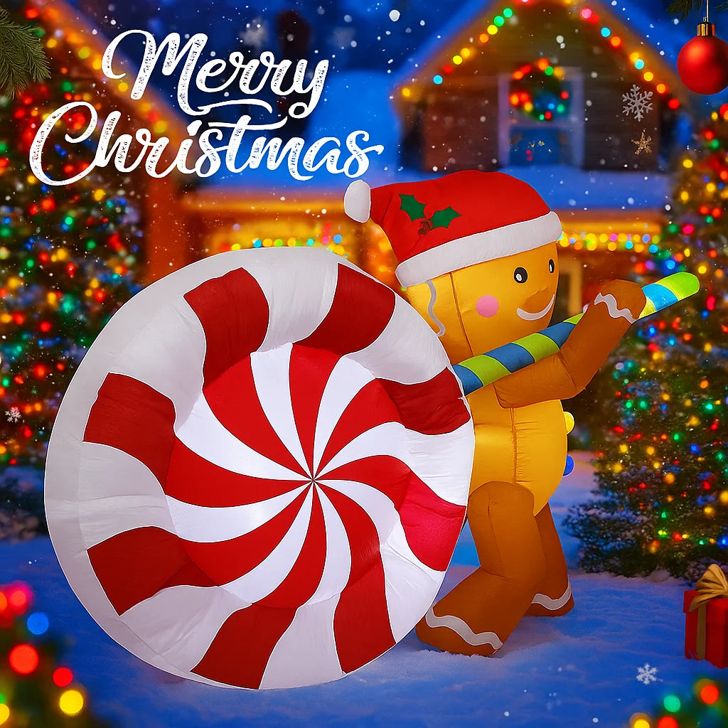 4.9FT Lighted Inflatable Gingerbread Man with Giant Candy