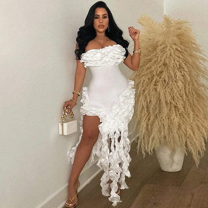 Women's Strapless Ruffle Tassel Irregular Maxi Evening Dress