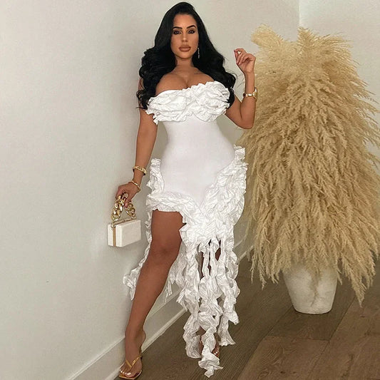 Women's Strapless Ruffle Tassel Irregular Maxi Evening Dress