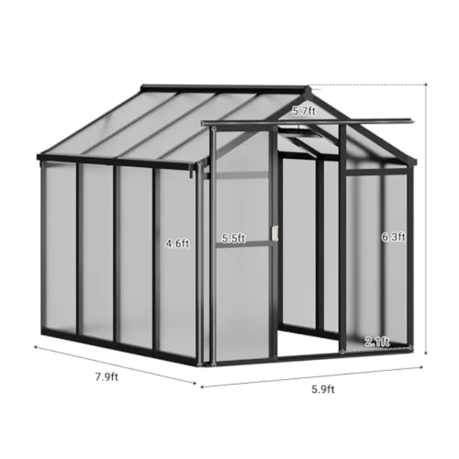 6X8FT Walk-in Greenhouse Kit with Aluminum Frame Polycarbonate Panels Adjustable Roof Vent Sliding Door Secure Lock