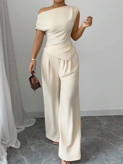 Women's Elegant Asymmetric Top & Wide-Leg Pants 2-Piece Set