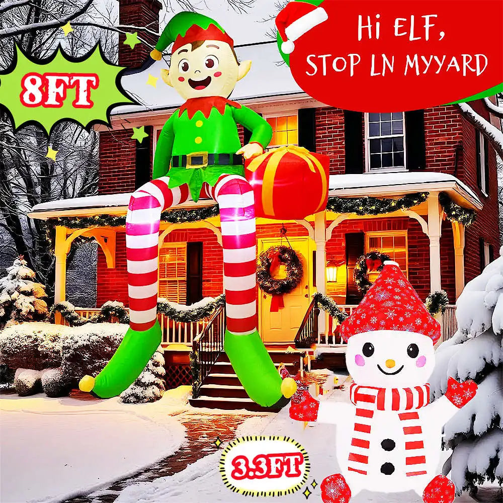 Christmas Inflatable Sitting Elf & Snowman Outdoor LED Yard Decorations