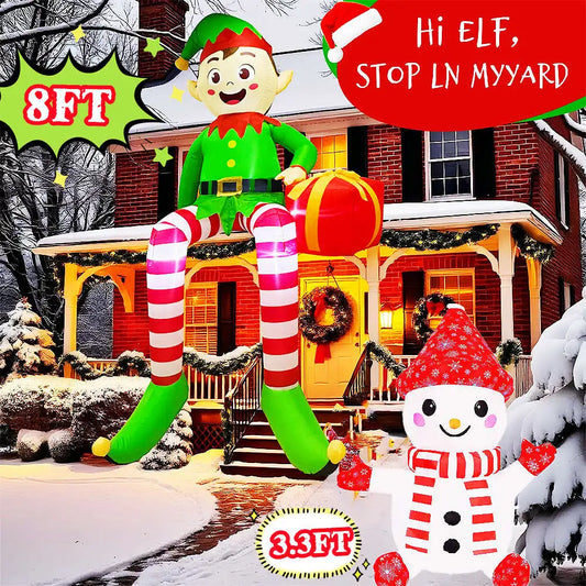 Christmas Inflatable Sitting Elf & Snowman Outdoor LED Yard Decorations