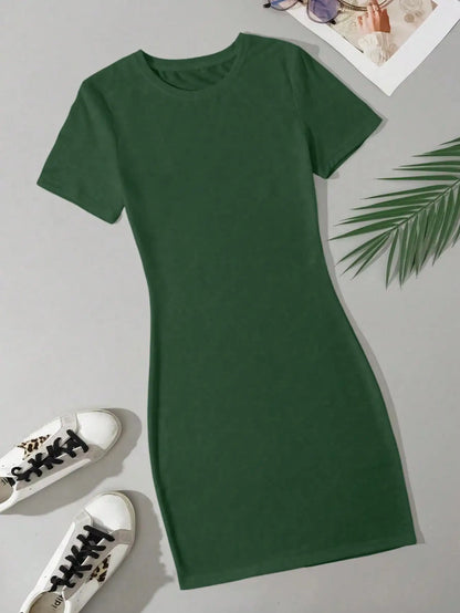Simple Green Slim Fit Mini Dress