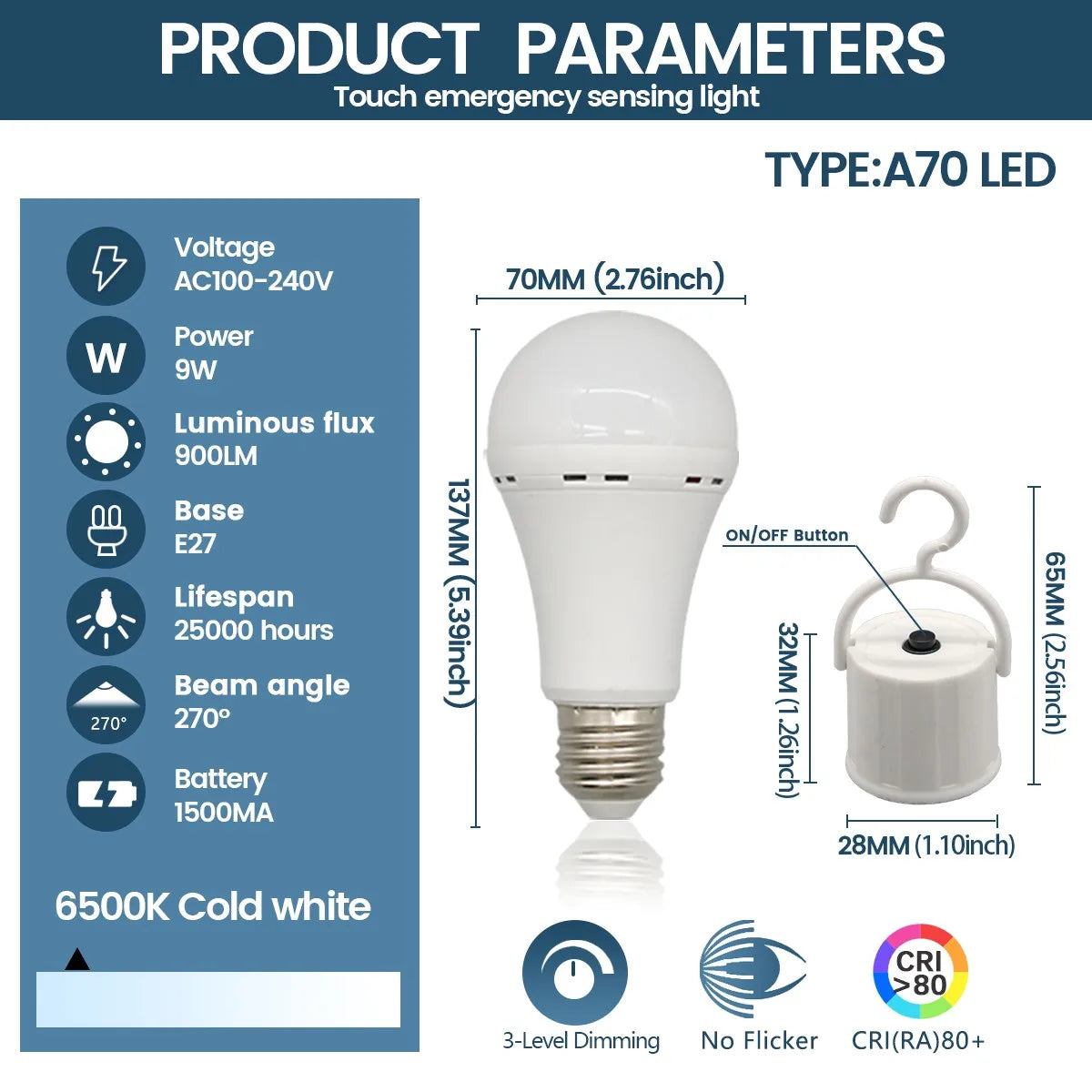 9W Rechargeable Emergency LED Light Bulb with 1500mAh Backup Battery