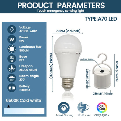 9W Rechargeable Emergency LED Light Bulb with 1500mAh Backup Battery