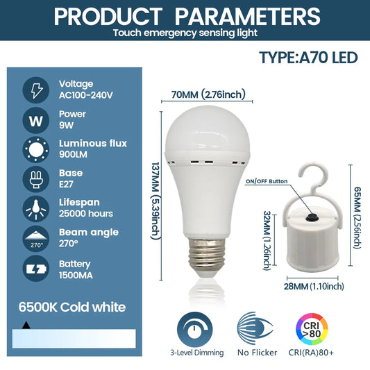 9W Rechargeable Emergency LED Light Bulb with 1500mAh Backup Battery