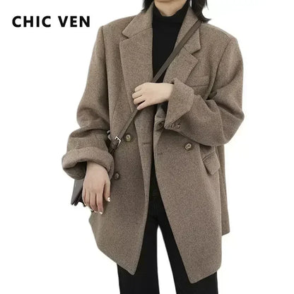 CHIC VEN Women's Elegant Mid-Long Wool Blend Overcoat