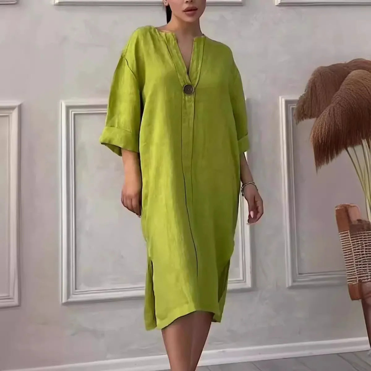 Long Sleeve Linen Solid Color Dress