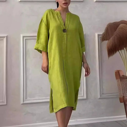 Long Sleeve Linen Solid Color Dress